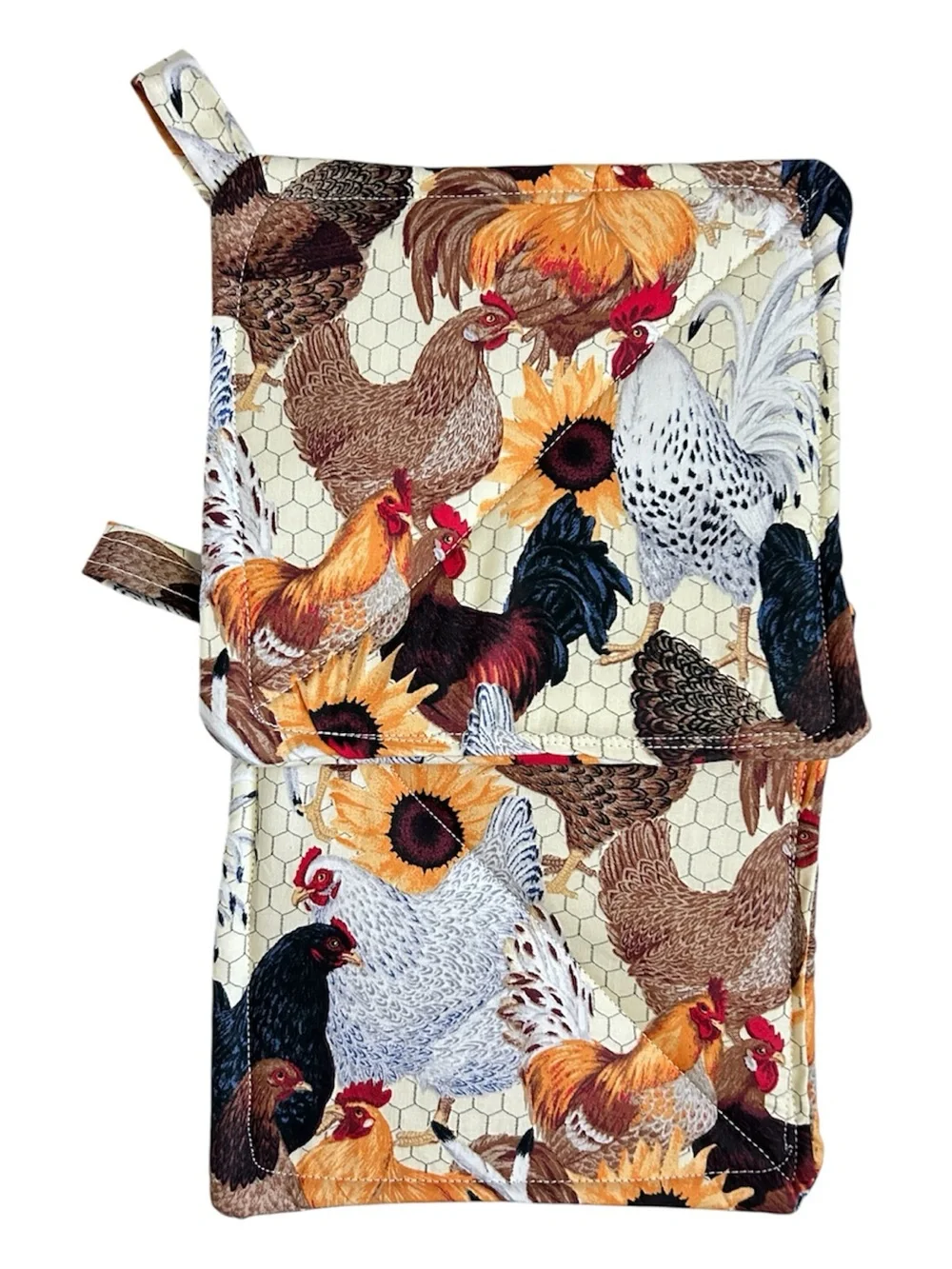 Hand Crafted Farmhouse Rooster & Sunflower Potholder Set Fabric Hot Mat Trivet